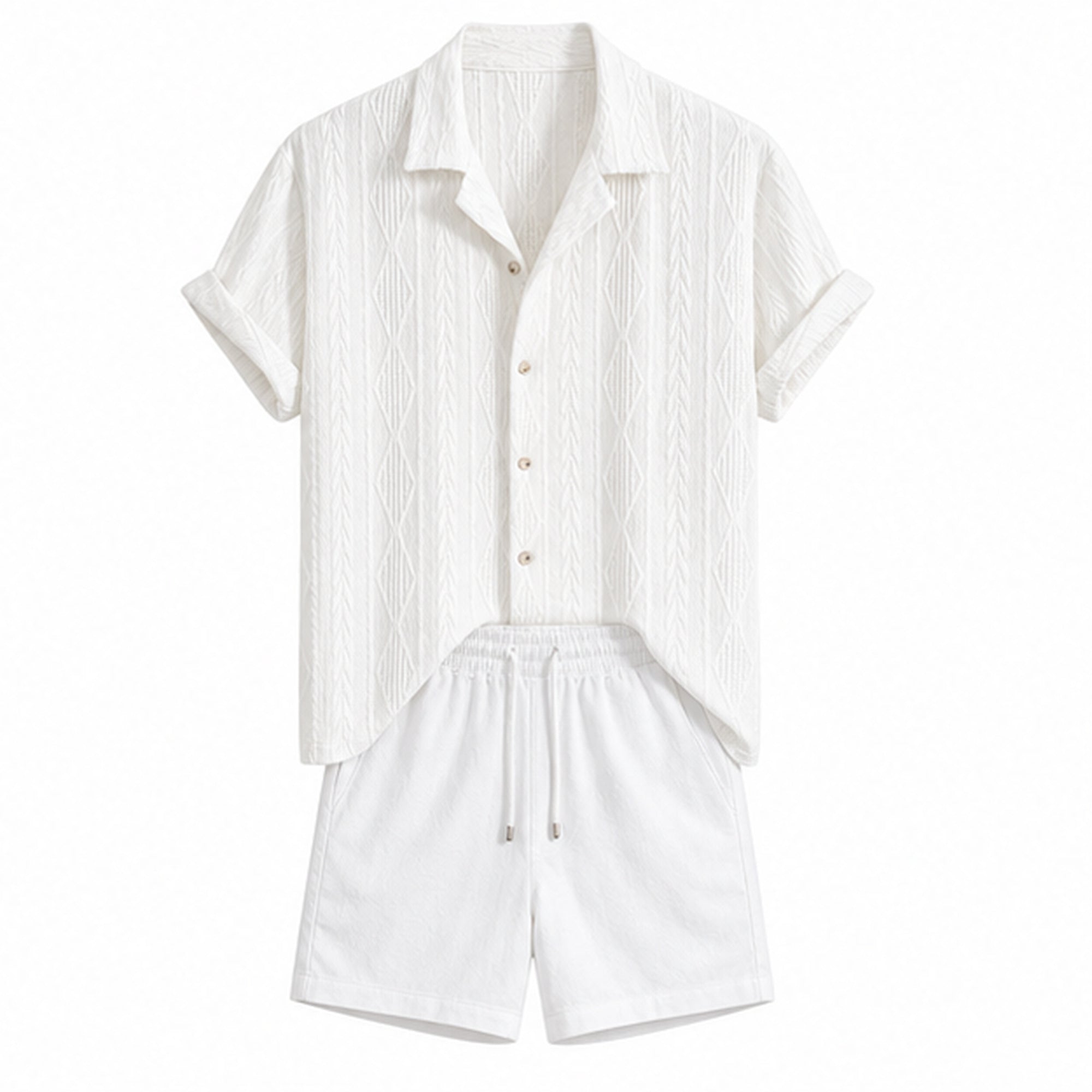 Rovemere white geometric jacquard Cuban shirt and white crinkle shorts, studio front