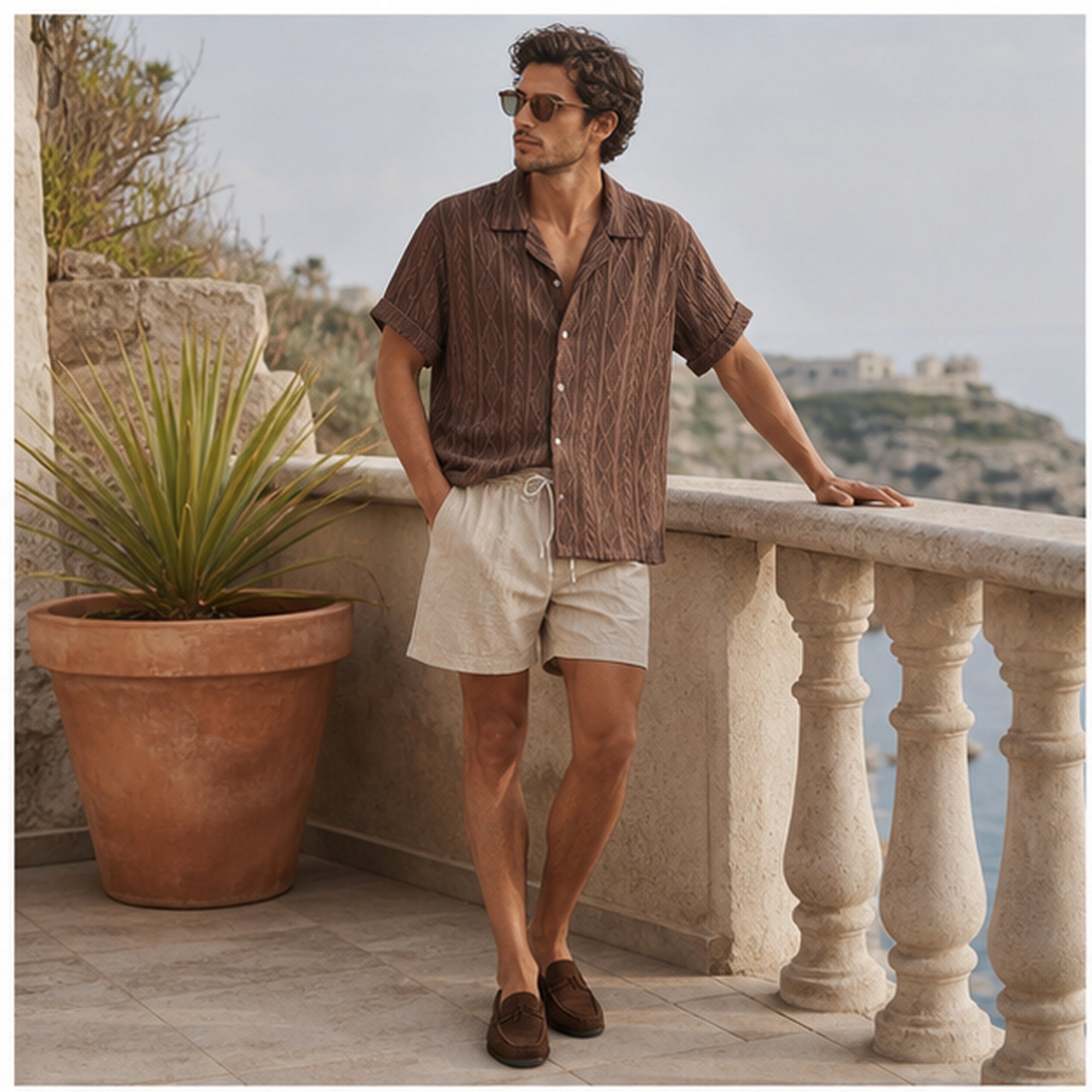 Rovemere coffee shirt and stone shorts styled on a Mediterranean terrace