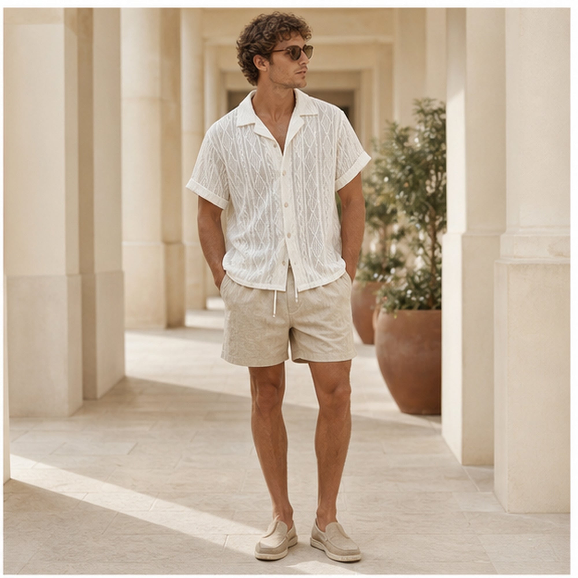 Rovemere beige set styled at a resort colonnade