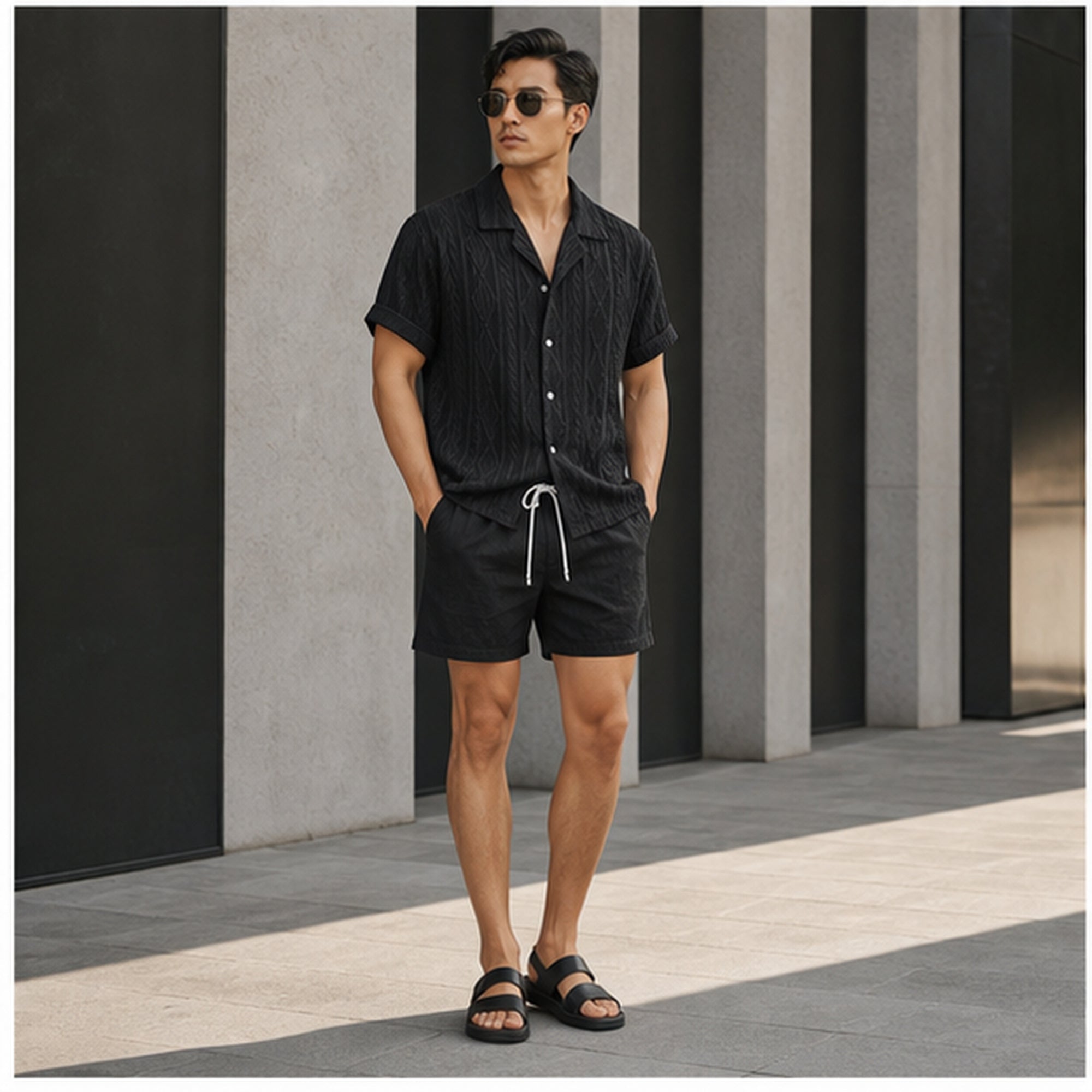 Rovemere black set styled against modern architecture