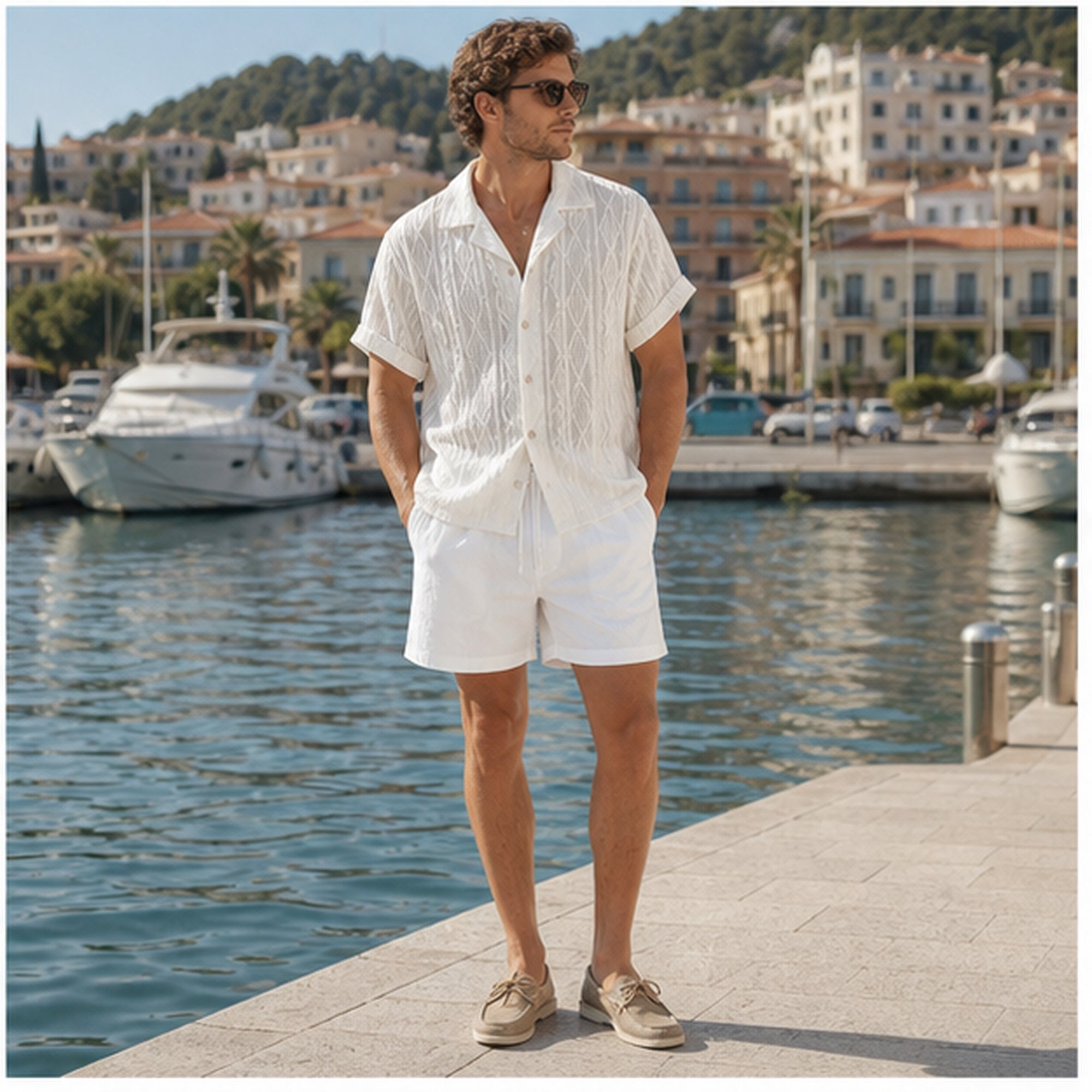 Rovemere white set styled at a coastal marina