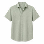 Rovevaro sage green short-sleeve linen-look shirt, front ghost mannequin view
