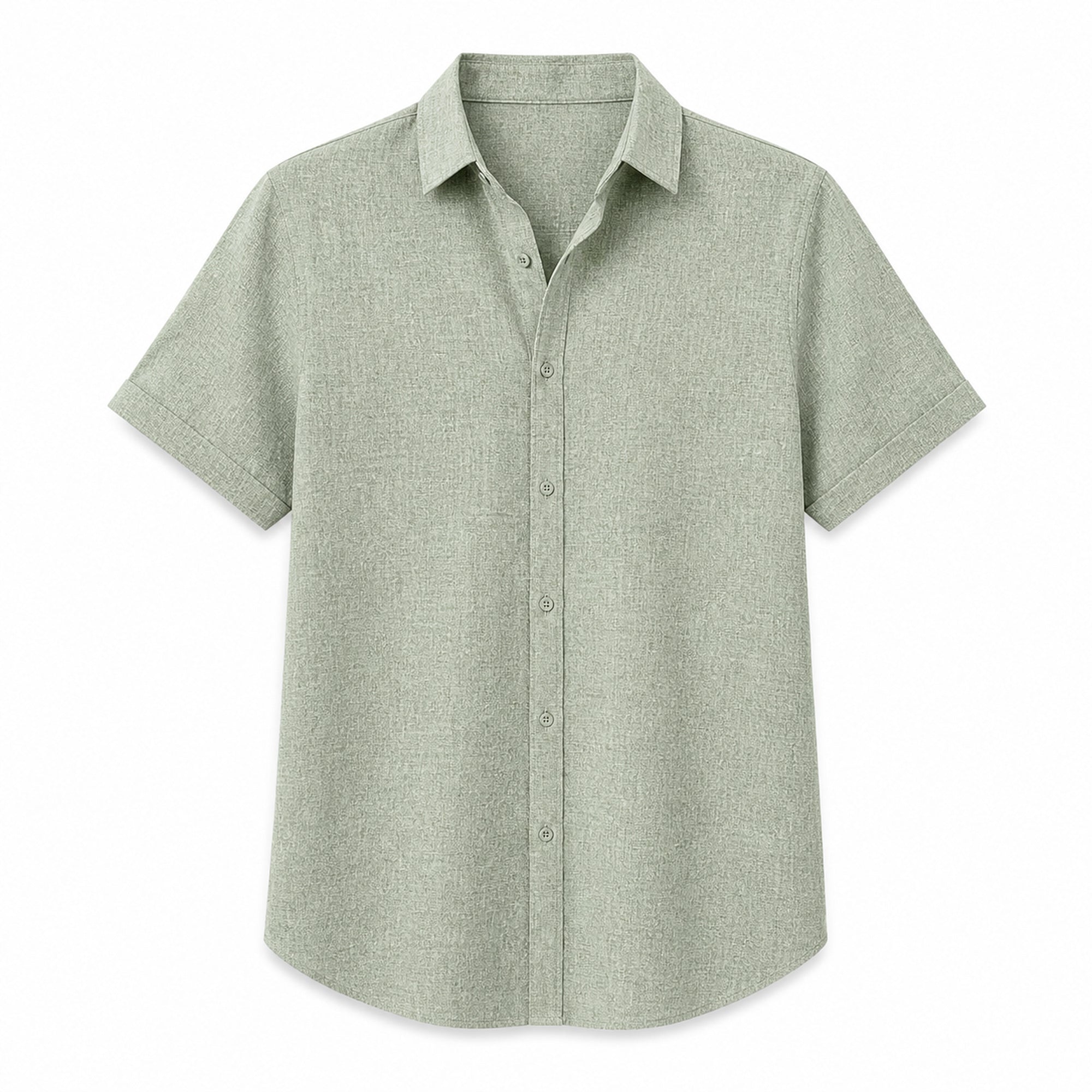 Rovevaro sage green short-sleeve linen-look shirt, front ghost mannequin view