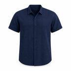Rovevaro navy short-sleeve linen-look shirt, front ghost mannequin view
