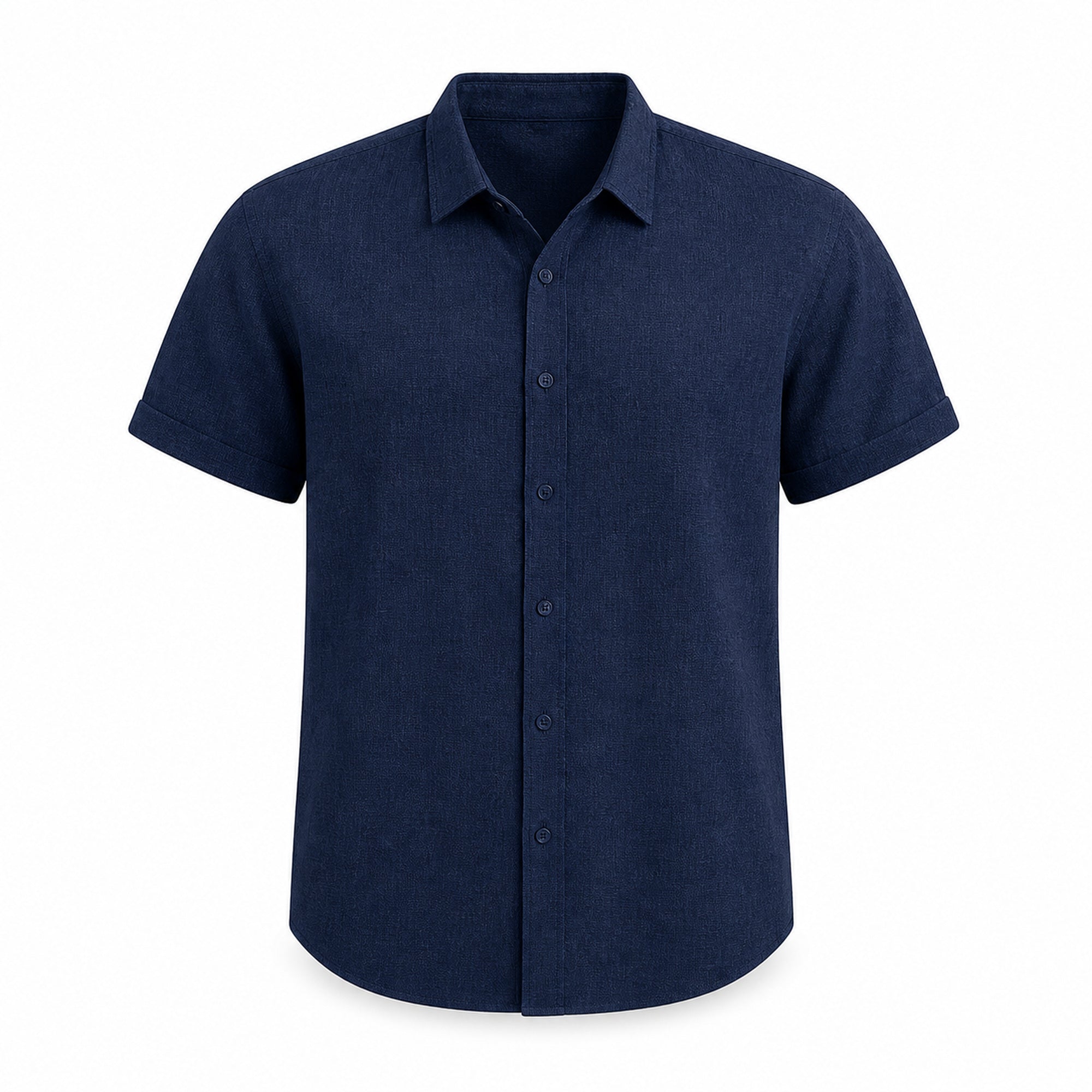 Rovevaro navy short-sleeve linen-look shirt, front ghost mannequin view
