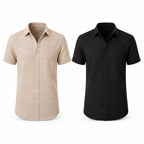 Rovevaro beige and black short-sleeve linen-look shirts, studio colour view