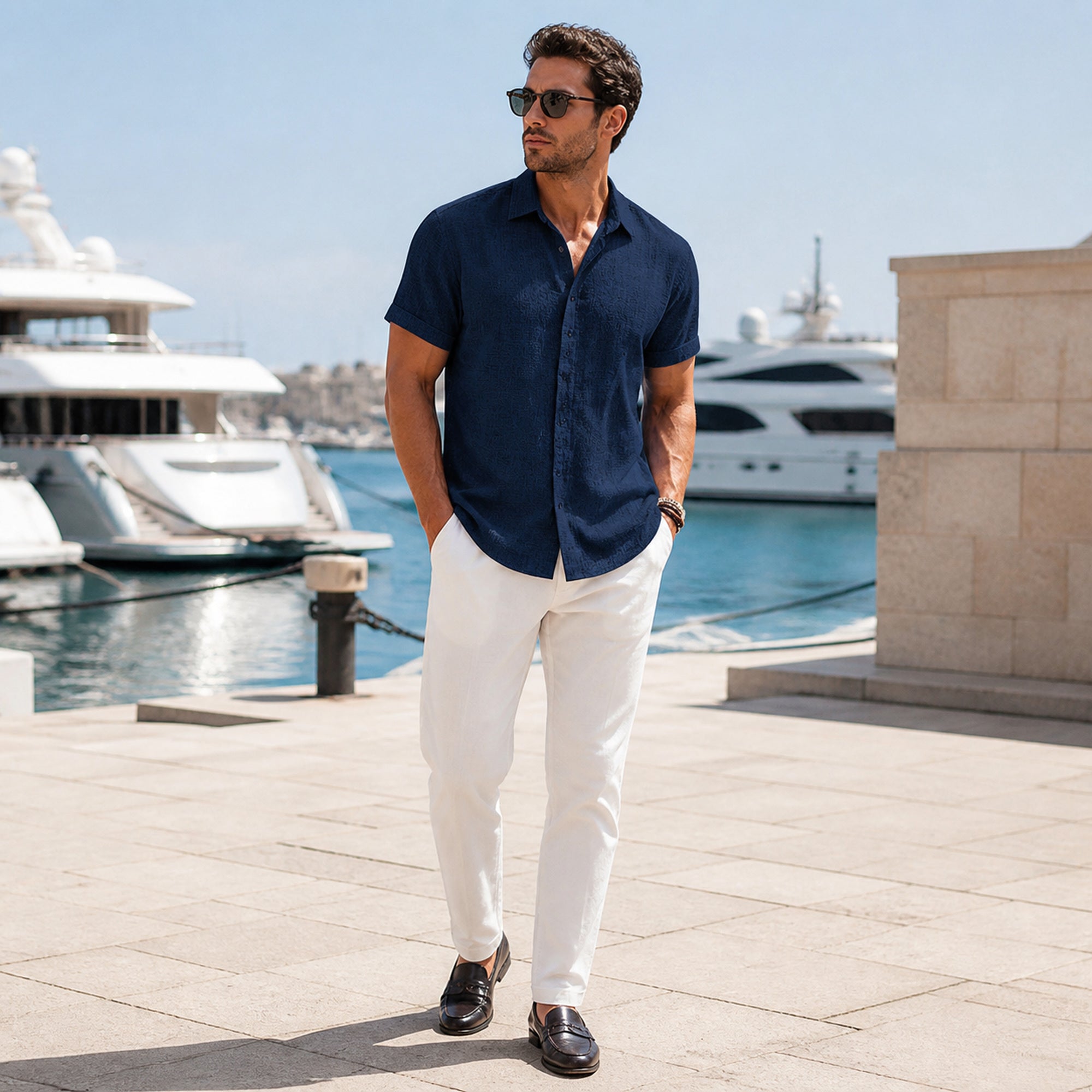 Rovevaro navy shirt styled at a luxury yacht marina