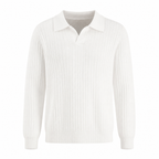 Rovevello white long-sleeve rib-knit V-neck polo on a white studio background
