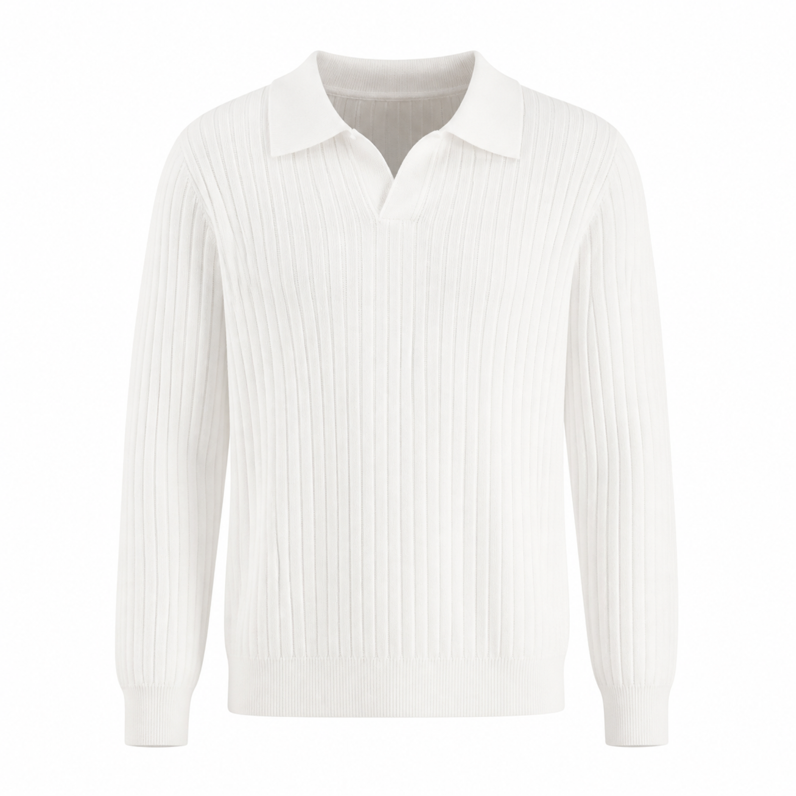 Rovevello white long-sleeve rib-knit V-neck polo on a white studio background
