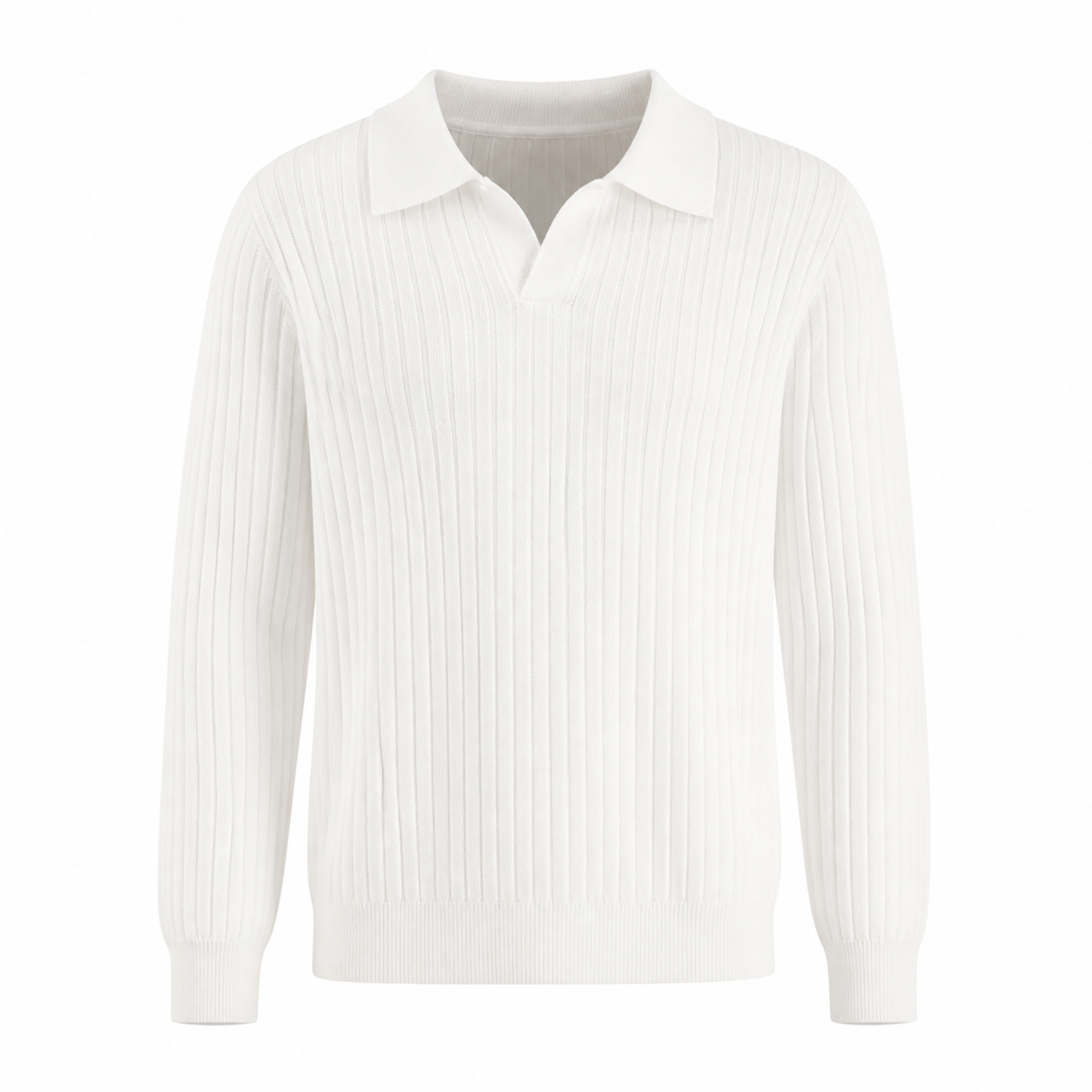 Rovevello white long-sleeve rib-knit V-neck polo on a white studio background