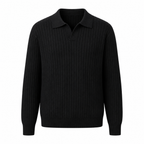 Rovevello black long-sleeve rib-knit V-neck polo on a white studio background