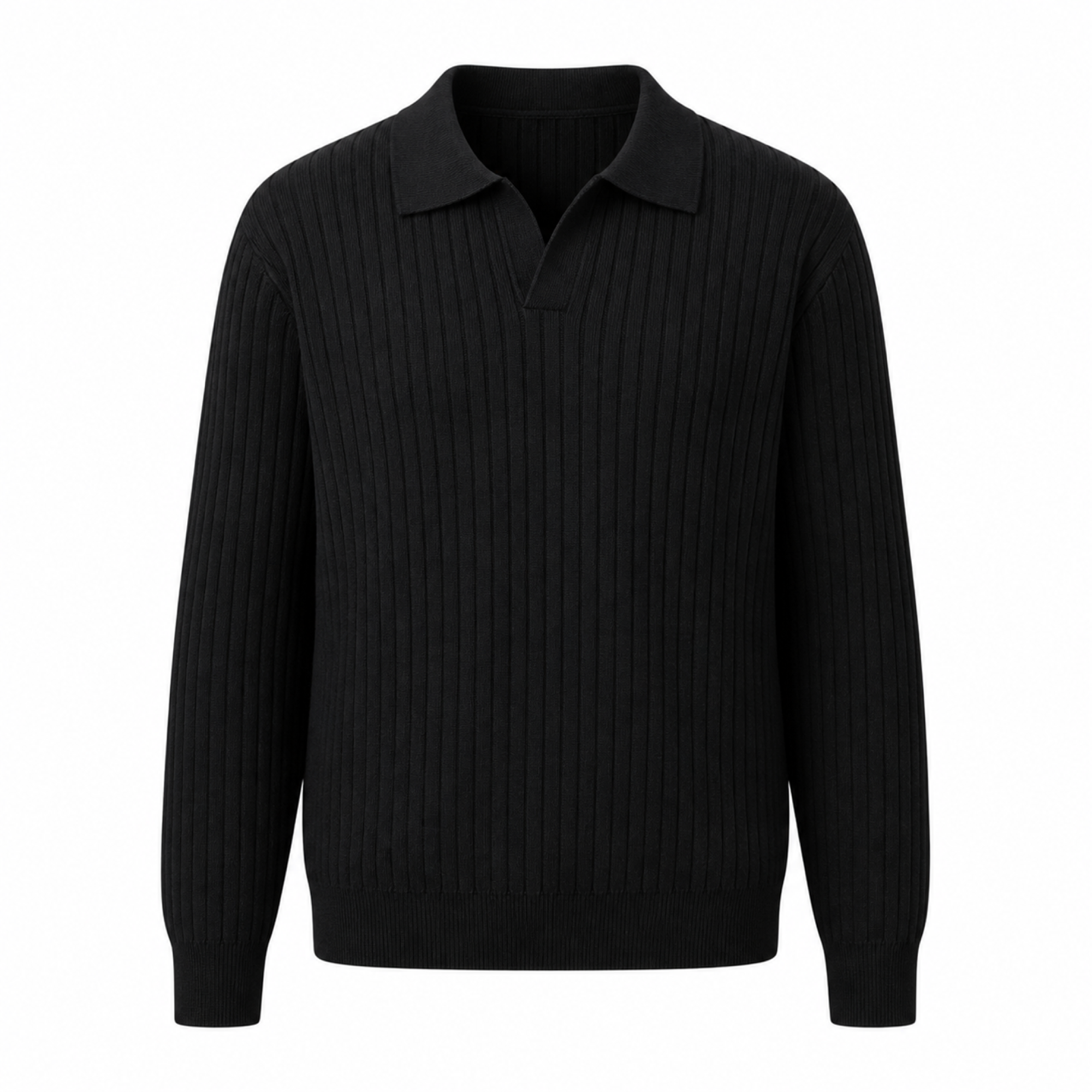 Rovevello black long-sleeve rib-knit V-neck polo on a white studio background