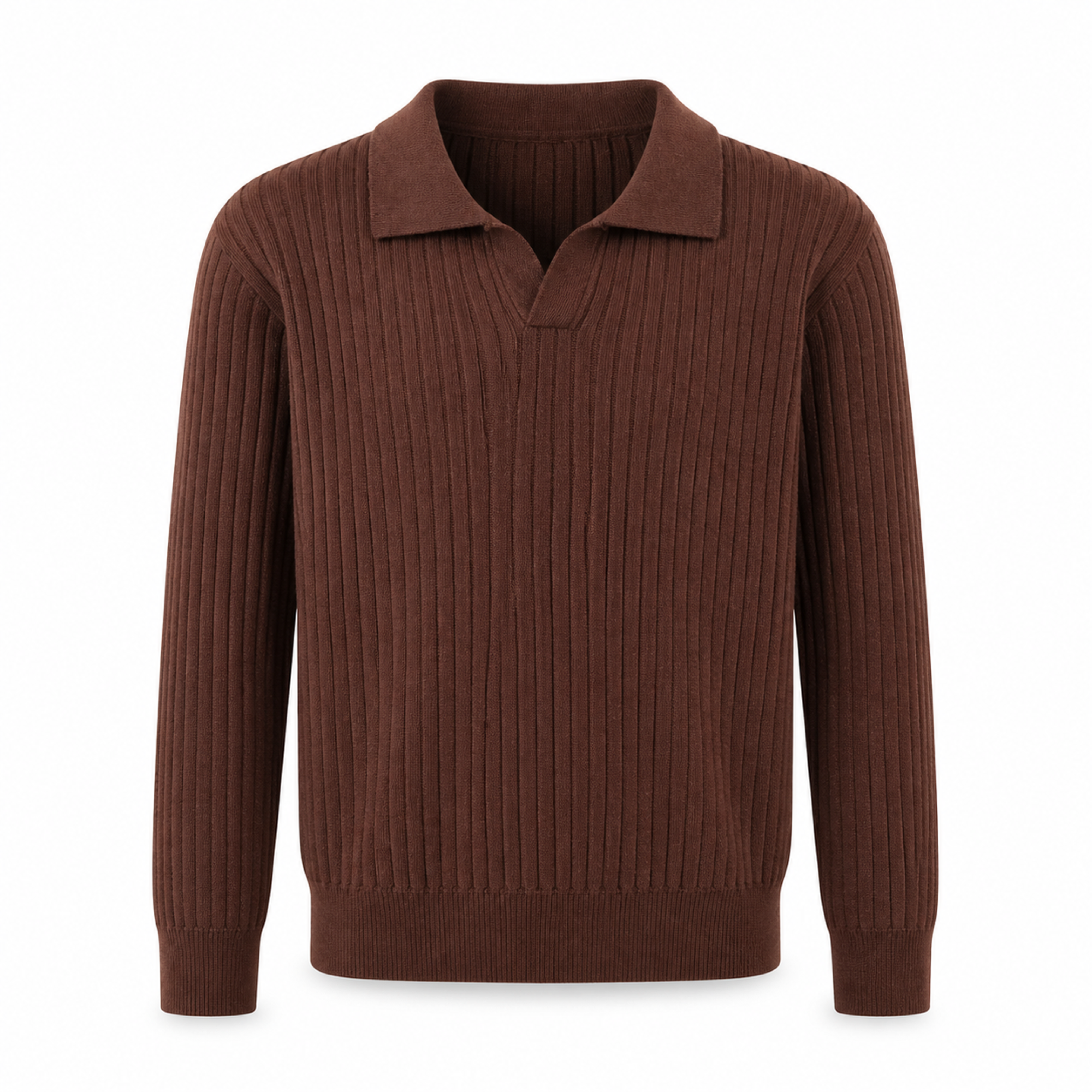 Rovevello brown long-sleeve rib-knit V-neck polo on a white studio background