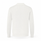 Rear view of the Rovevello white long-sleeve rib-knit polo on white