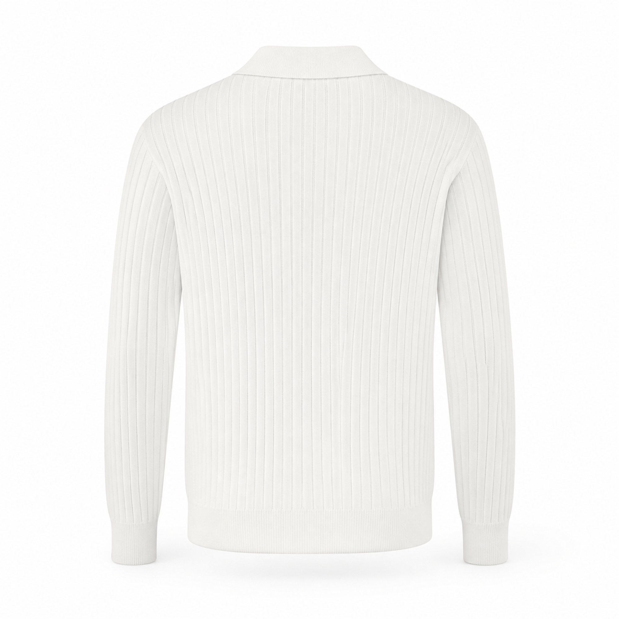 Rear view of the Rovevello white long-sleeve rib-knit polo on white