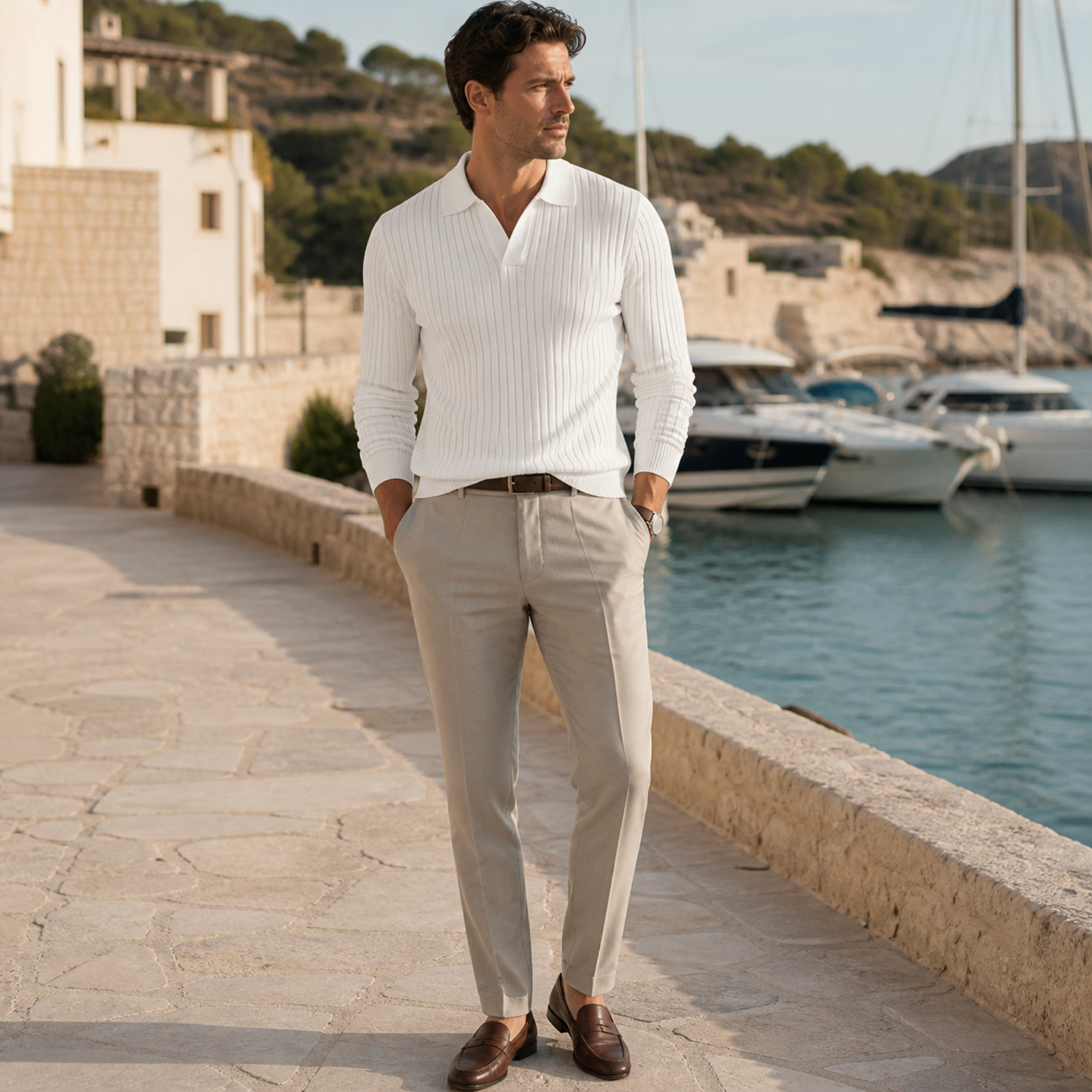 Man wearing the white Rovevello polo on a Mediterranean marina promenade