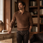 Man wearing the brown Rovevello polo in an Italian villa library