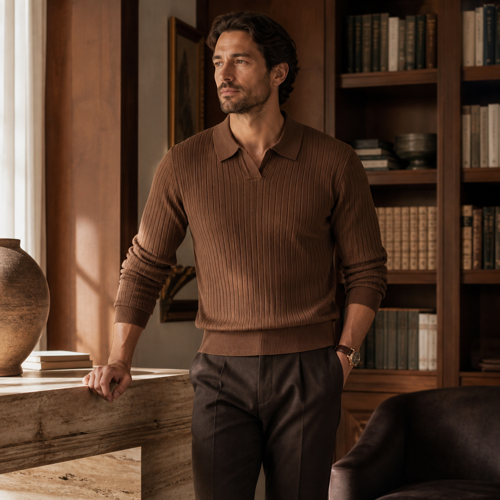 Man wearing the brown Rovevello polo in an Italian villa library