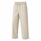 Bruce & Co Selvaro beige linen trousers, main three-quarter view on pure white
