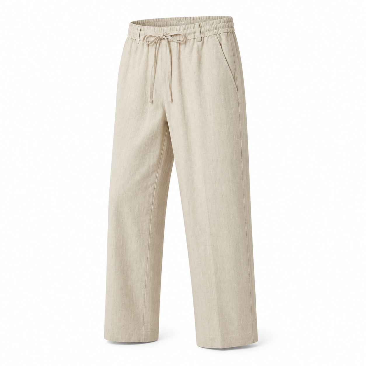 Bruce & Co Selvaro beige linen trousers, main three-quarter view on pure white
