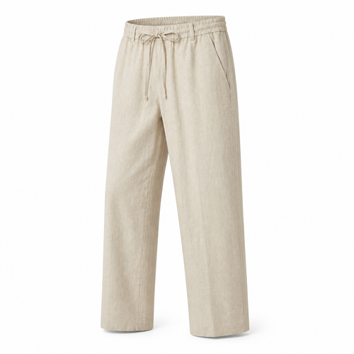 Bruce & Co Selvaro beige linen trousers, main three-quarter view on pure white