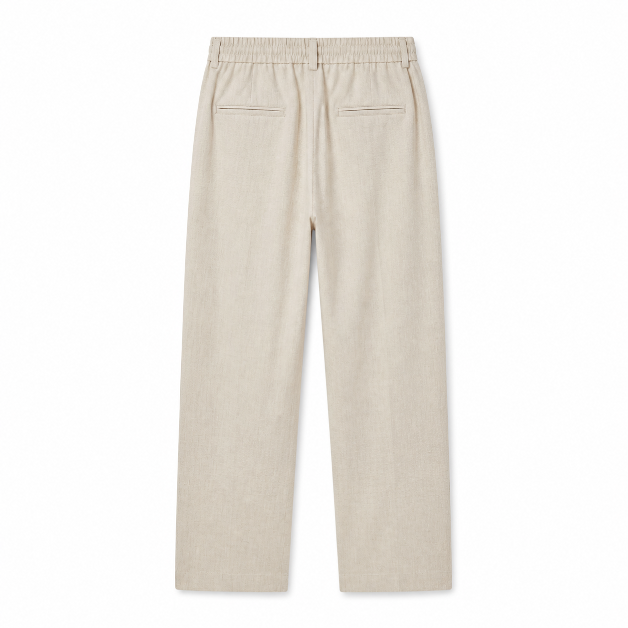 Bruce & Co Selvaro beige linen trousers, rear view on pure white