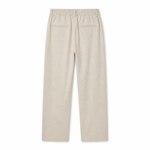 Bruce & Co Selvaro beige linen trousers, rear view on pure white