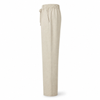 Bruce & Co Selvaro beige linen trousers, side view on pure white