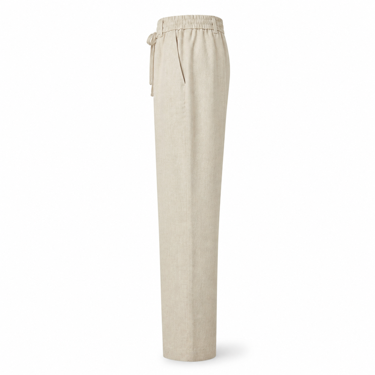 Bruce & Co Selvaro beige linen trousers, side view on pure white