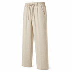 Bruce & Co Selvaro beige linen trousers, front view on pure white