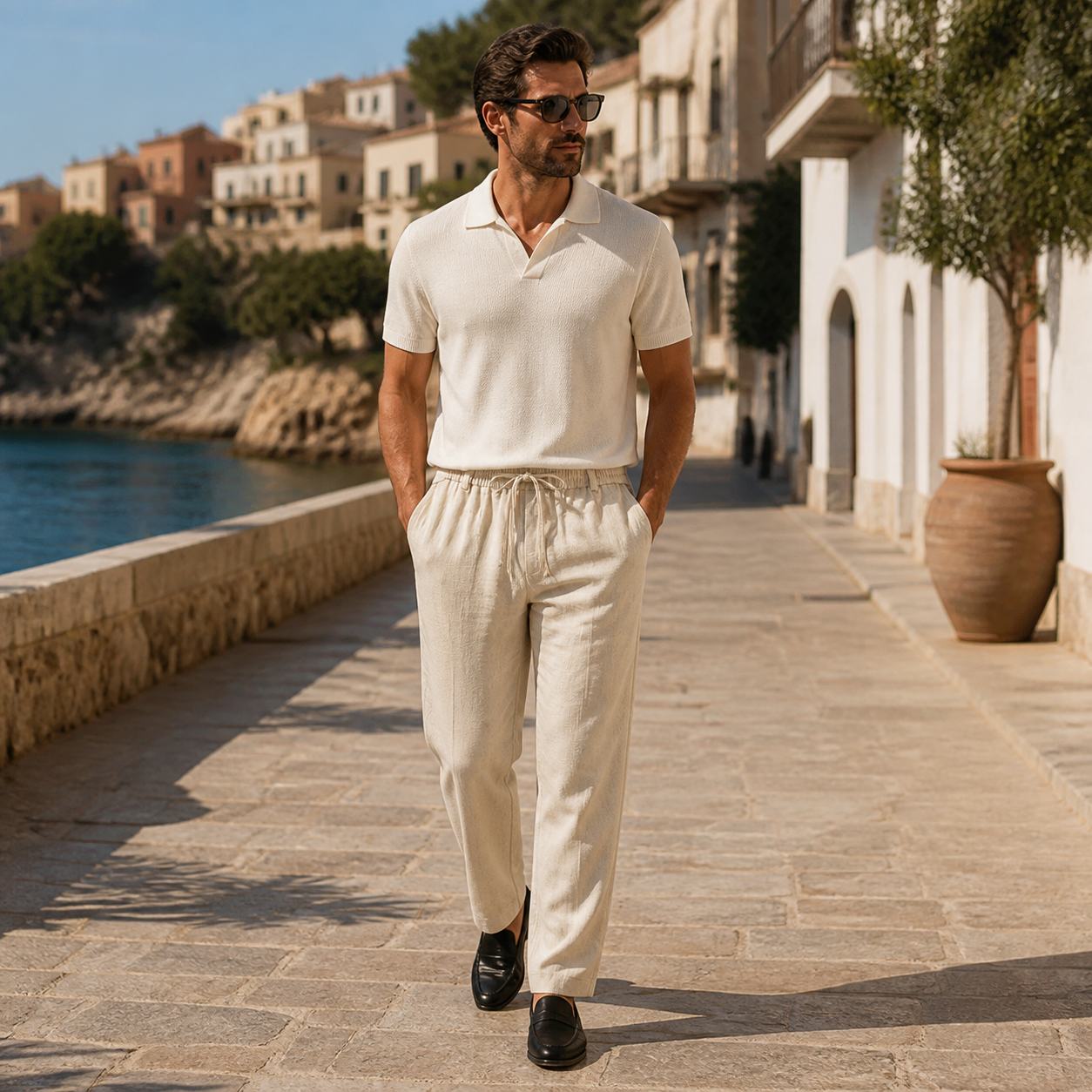 Bruce & Co Selvaro beige linen trousers, Mediterranean walking editorial