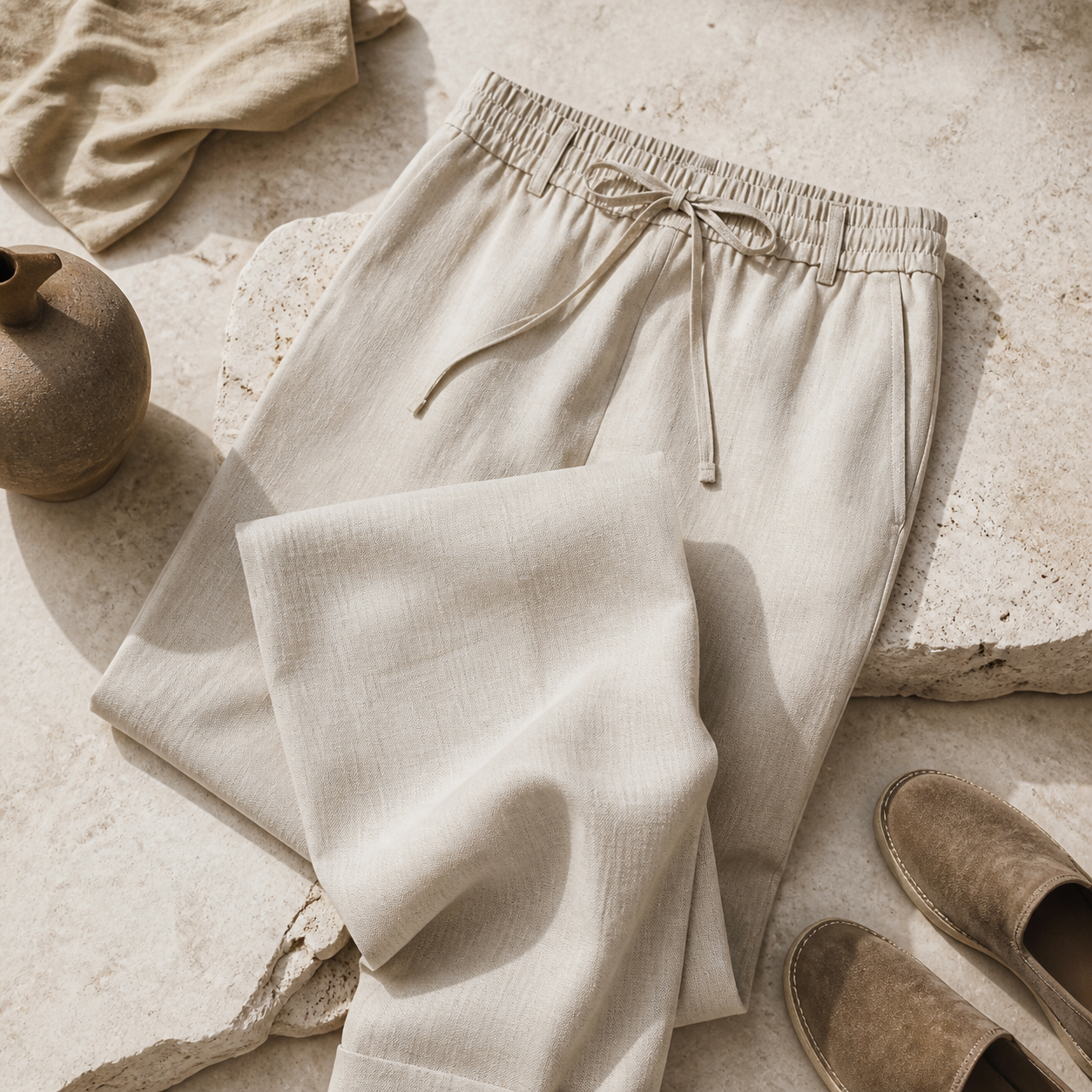Bruce & Co Selvaro beige linen trousers, luxury still life