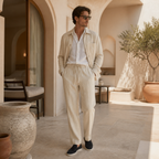 Bruce & Co Selvaro beige linen trousers, boutique hotel editorial