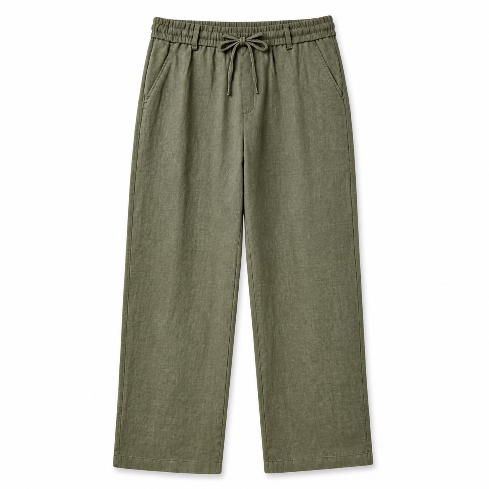 Selvaro men's olive linen drawstring trousers, front view on white