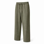 Selvaro olive linen drawstring trousers, three-quarter view on white