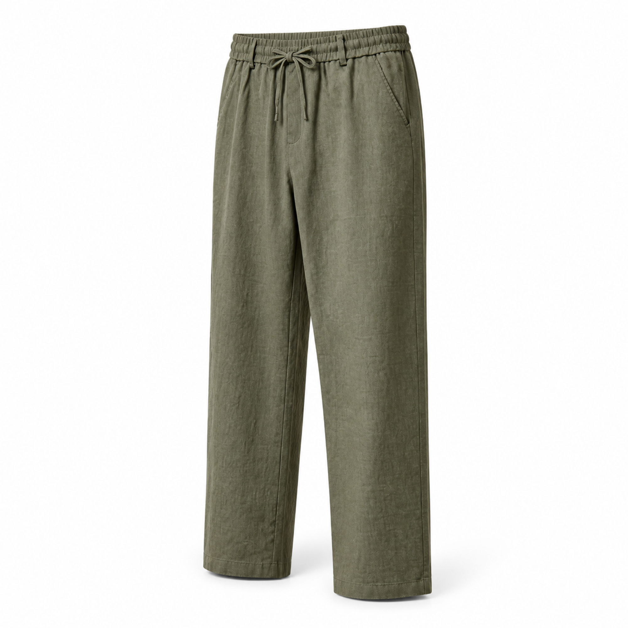 Selvaro olive linen drawstring trousers, three-quarter view on white