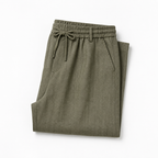 Selvaro olive linen drawstring trousers, folded product view on white