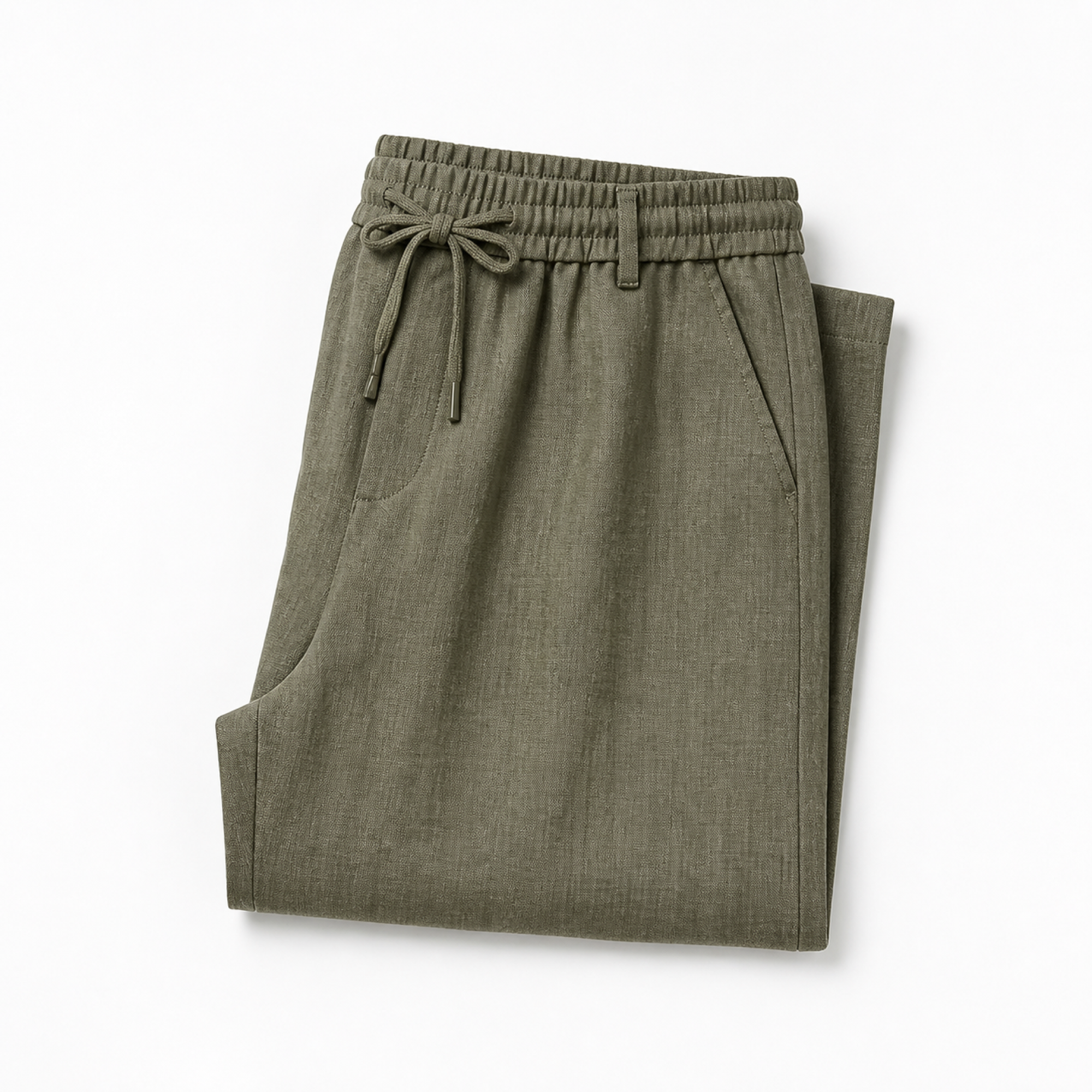 Selvaro olive linen drawstring trousers, folded product view on white