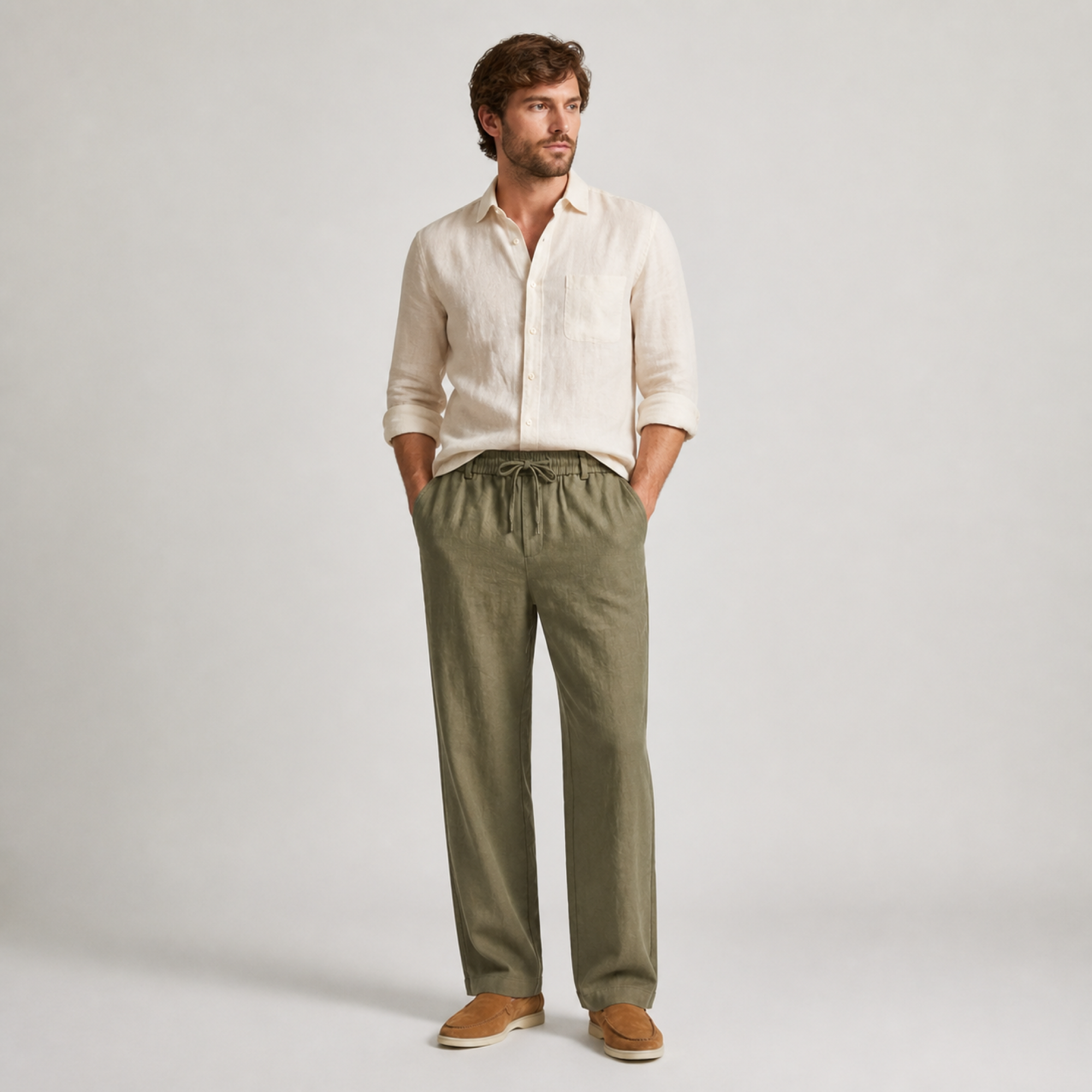 Selvaro olive linen trousers styled in a premium studio