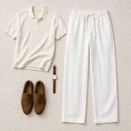 Selvaro white linen trousers outfit flat lay