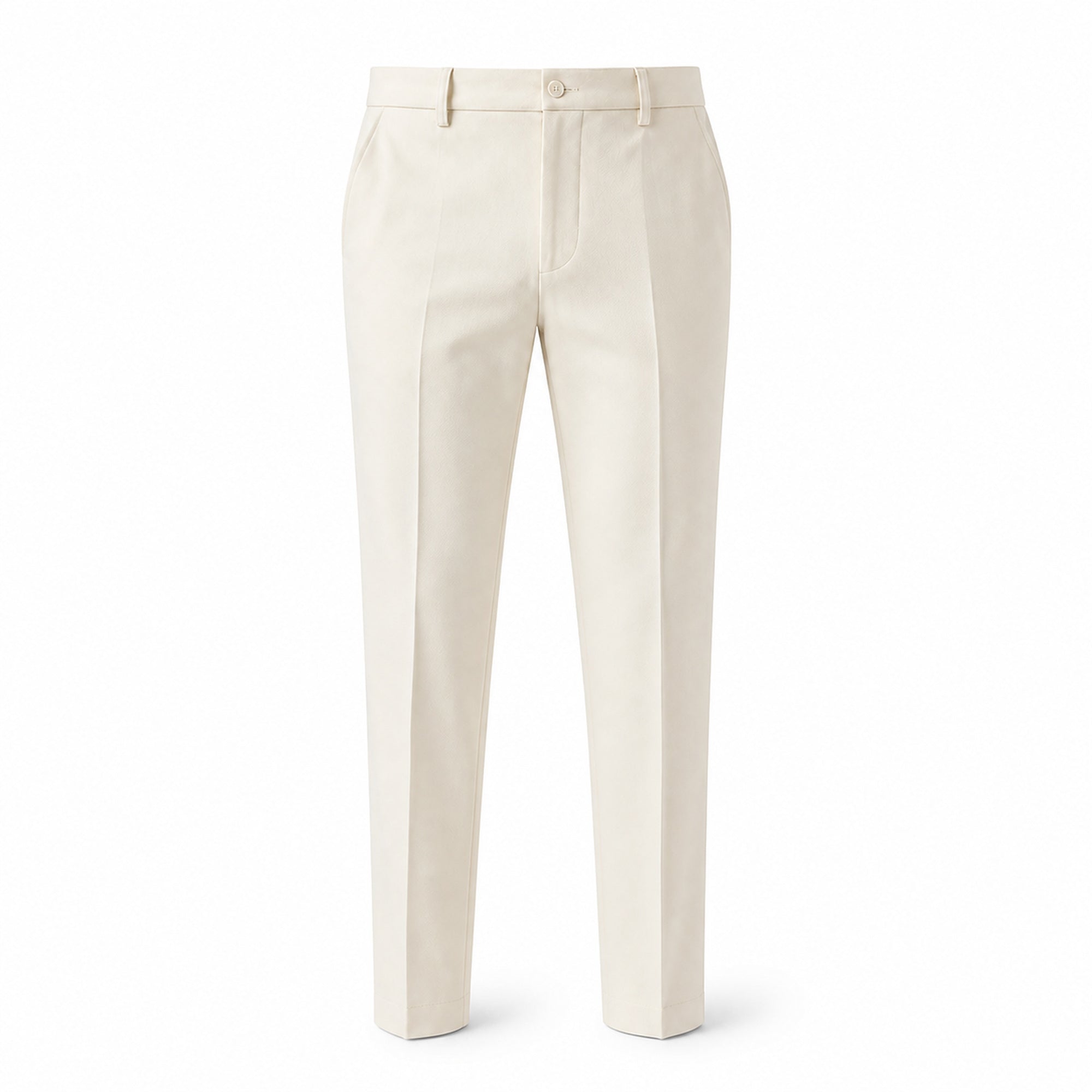Seremora beige slim tapered tailored trousers, front ghost mannequin view