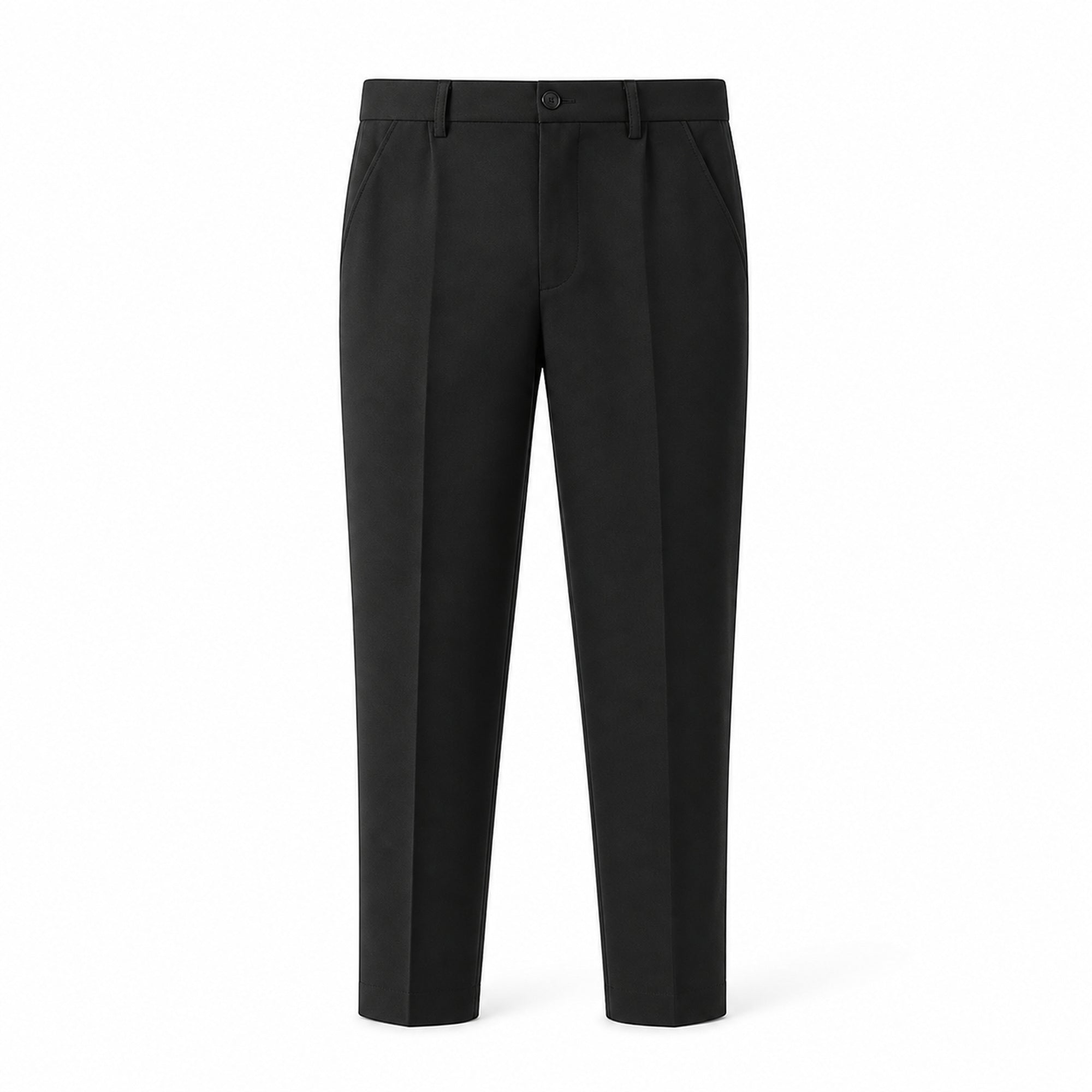Seremora black slim tapered tailored trousers, front ghost mannequin view