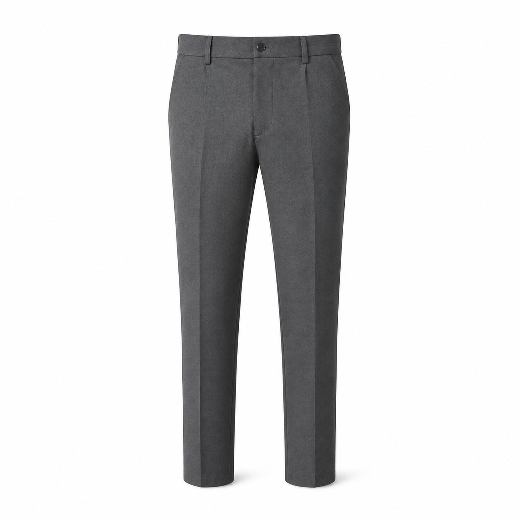 Seremora gray slim tapered tailored trousers, front ghost mannequin view