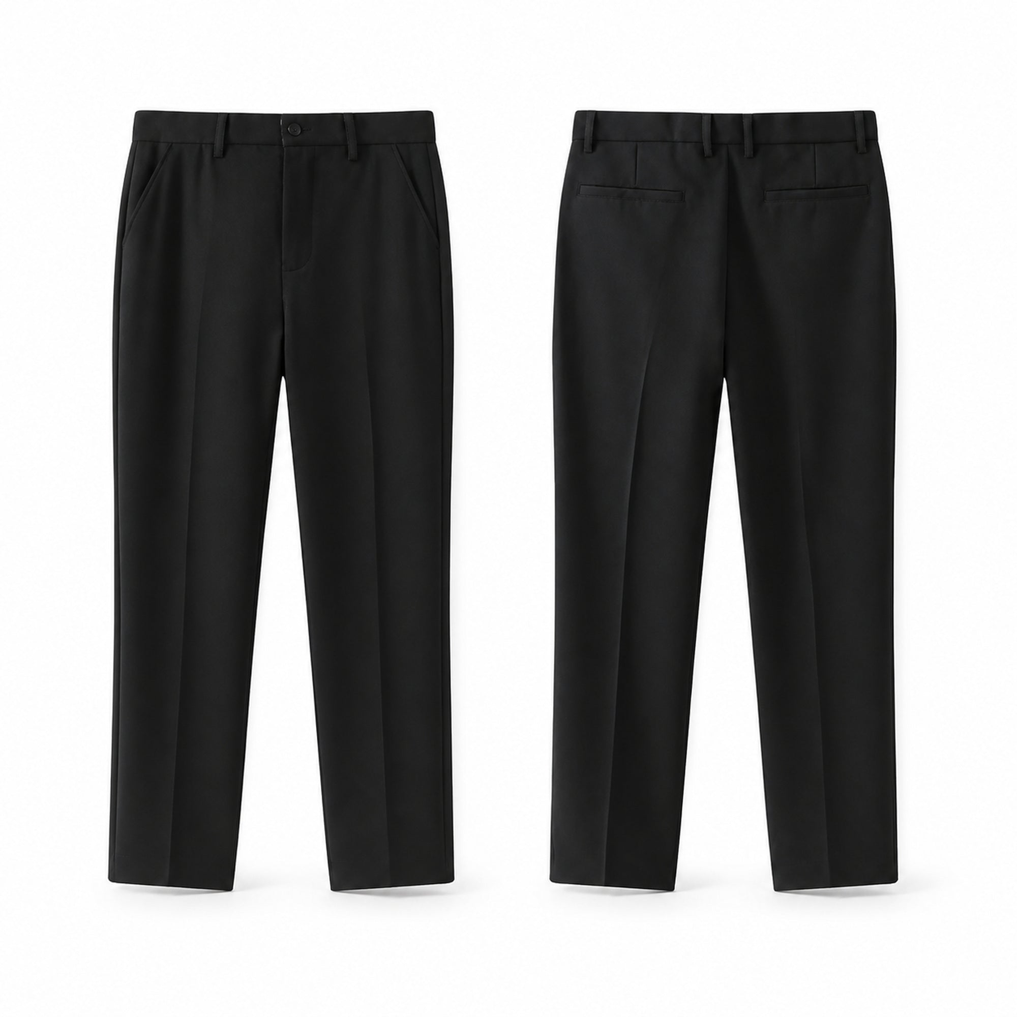 Seremora black tailored trousers, front and back studio views