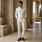 Seremora beige trousers styled in a Mediterranean stone arcade