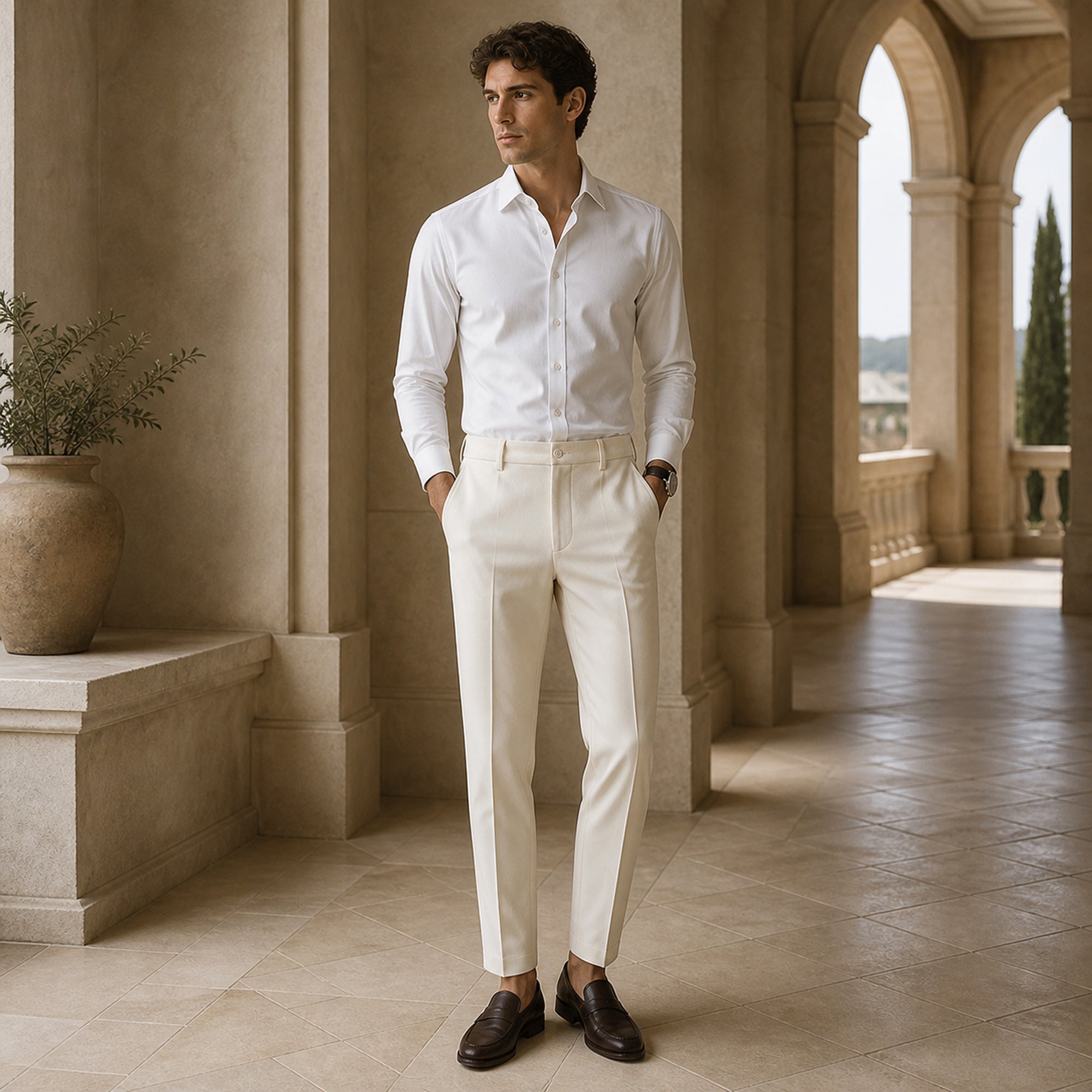 Seremora beige trousers styled in a Mediterranean stone arcade