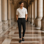Seremora black trousers styled in a European stone arcade