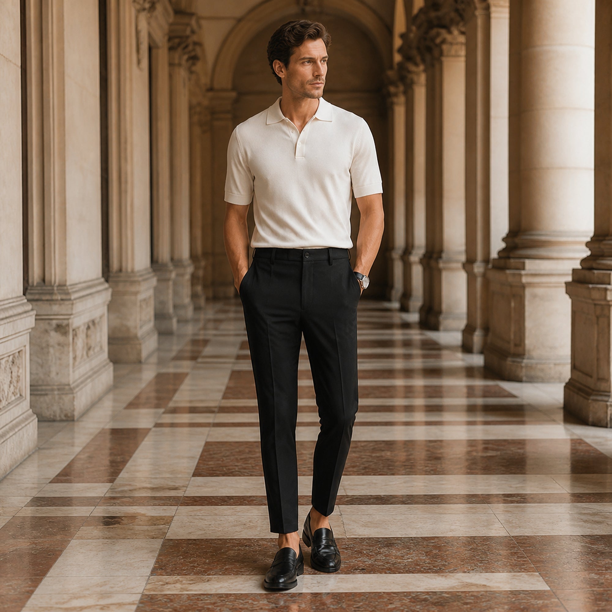 Seremora black trousers styled in a European stone arcade