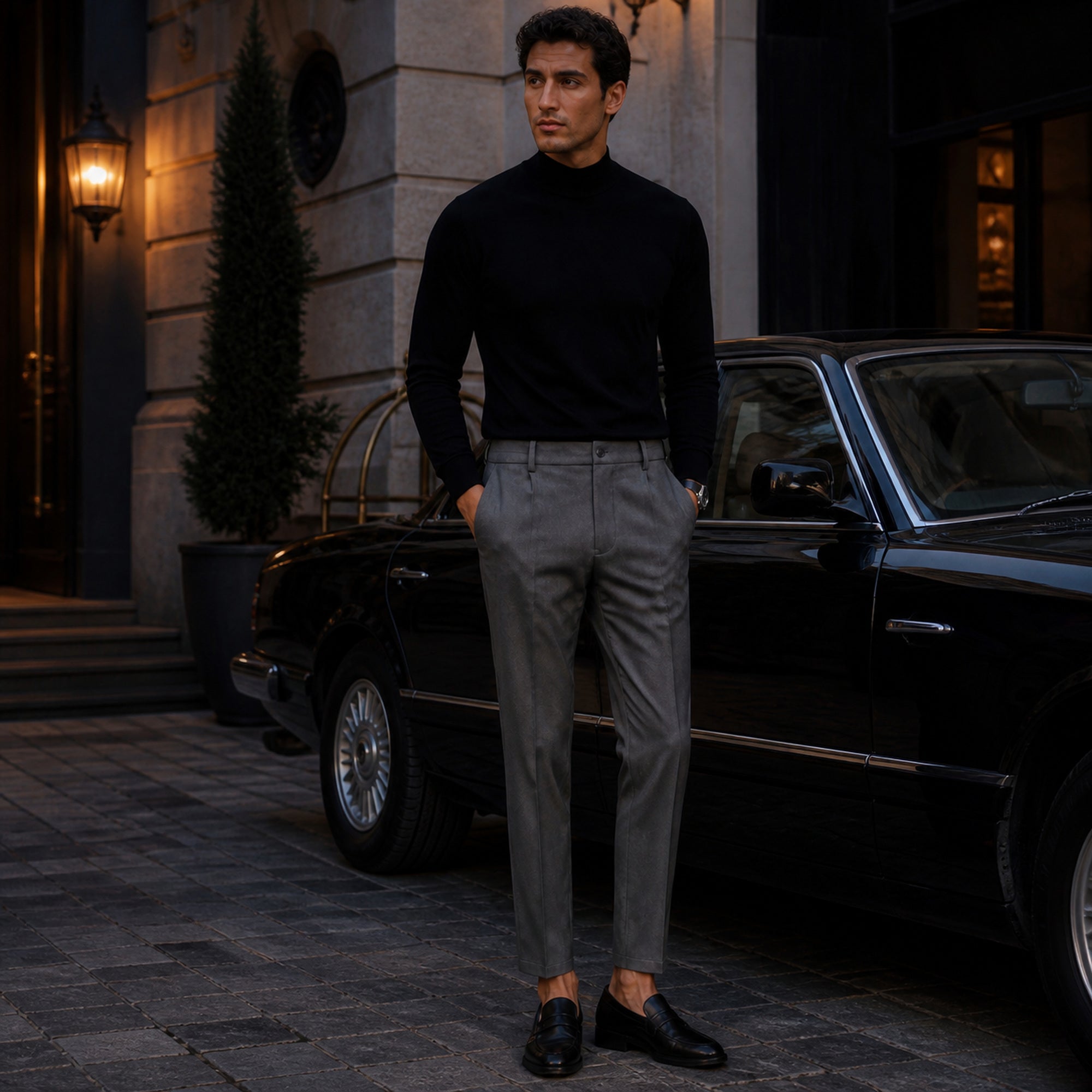 Seremora gray trousers styled beside a classic car at blue hour