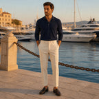 Seremora beige trousers styled at a yacht marina